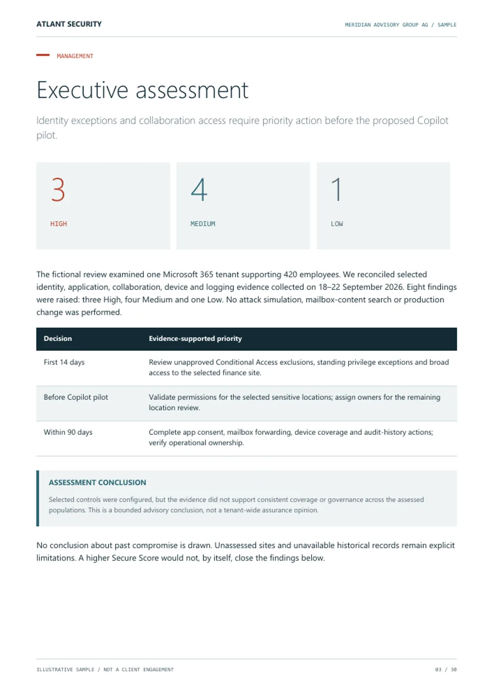 Executive assessment, page 3 of the fictional Meridian Advisory Group AG audit. Text summary follows.